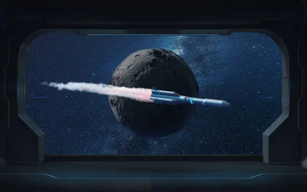 Spaceship orbiting the moon with Earth in the background